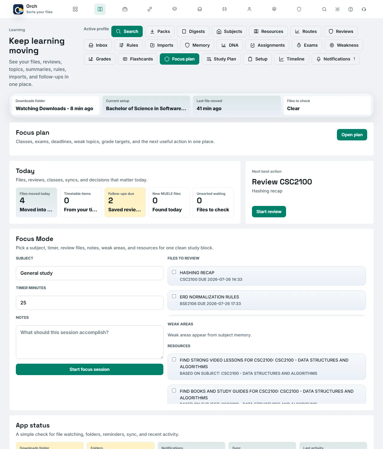 Orch study dashboard showing a focus timer, review queue, and activity feed