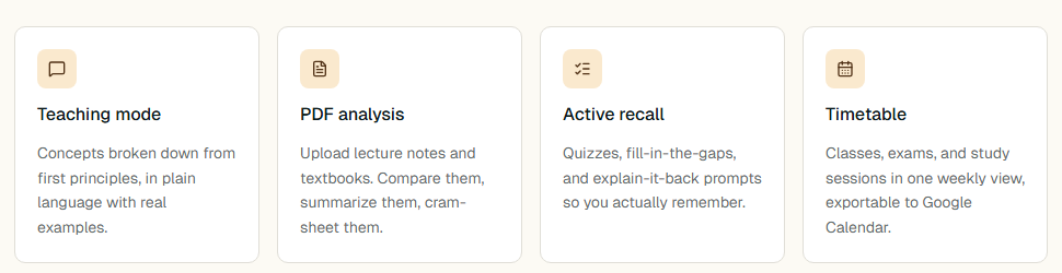 Study Buddy teaching, PDF analysis, active recall, and timetable features